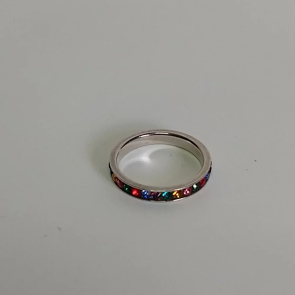 Silver Tone Multicolor Rainbow Stone Ring Band Marked ATI Taiwan Size 8 Colorful